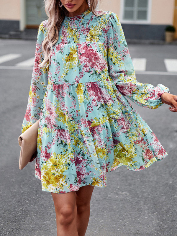High Neck Ruffle Long Sleeve Dress – Stretch Woven Boho Style