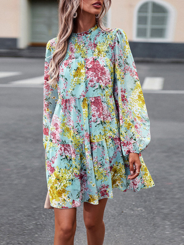 High Neck Ruffle Long Sleeve Dress – Stretch Woven Boho Style