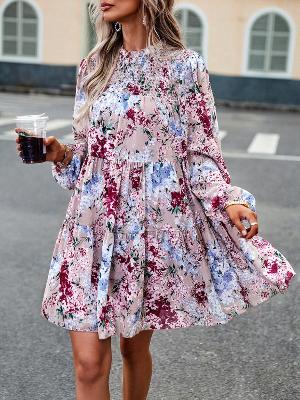 High Neck Ruffle Long Sleeve Dress – Stretch Woven Boho Style