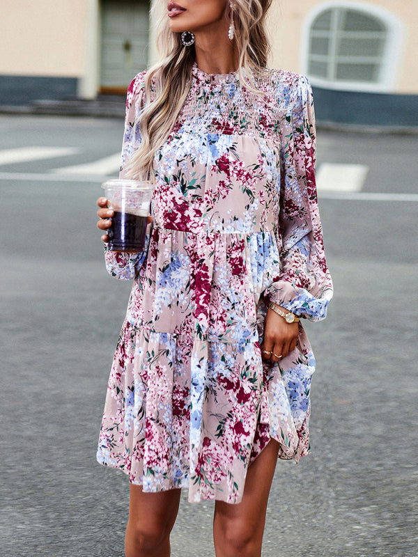 High Neck Ruffle Long Sleeve Dress – Stretch Woven Boho Style
