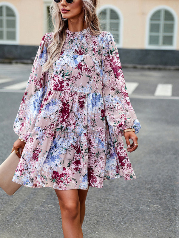High Neck Ruffle Long Sleeve Dress – Stretch Woven Boho Style
