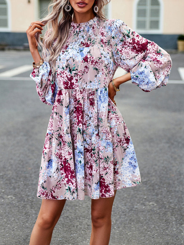 High Neck Ruffle Long Sleeve Dress – Stretch Woven Boho Style