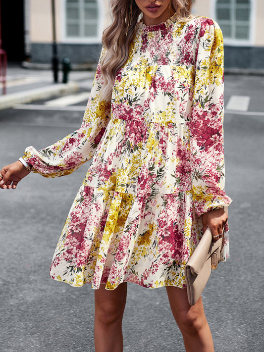 High Neck Ruffle Long Sleeve Dress – Stretch Woven Boho Style