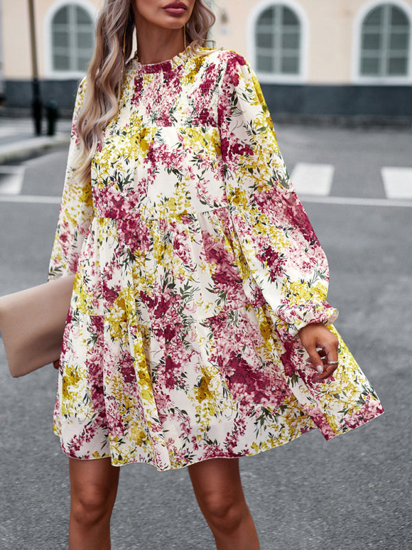 High Neck Ruffle Long Sleeve Dress – Stretch Woven Boho Style