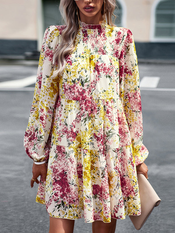 High Neck Ruffle Long Sleeve Dress – Stretch Woven Boho Style