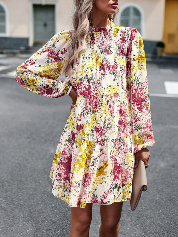 High Neck Ruffle Long Sleeve Dress – Stretch Woven Boho Style