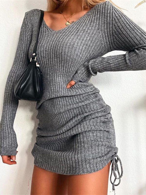 V-Neck Long Sleeve Slim Fit Dress with Pleated Drawstring Hem