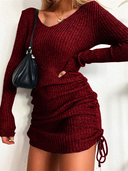 V-Neck Long Sleeve Slim Fit Dress with Pleated Drawstring Hem
