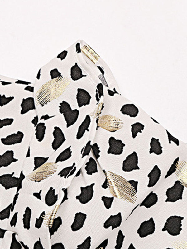 Long-Sleeve Polka Dot Ruffle Shirt with Metallic Accents