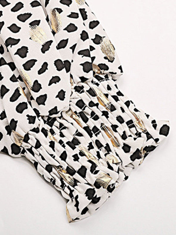 Long-Sleeve Polka Dot Ruffle Shirt with Metallic Accents