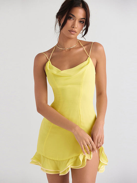 Lace Halter Neck Backless Midi Dress – Pile Collar, Suspender Design