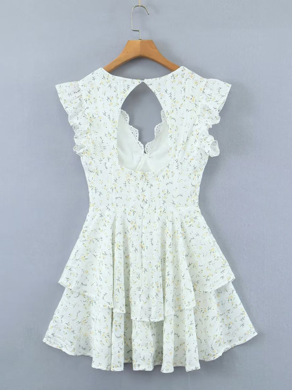 Floral Lace Embroidered V-Neck Halter Dress – Open Back Mini Skirt