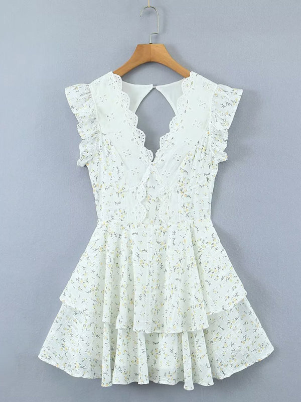 Floral Lace Embroidered V-Neck Halter Dress – Open Back Mini Skirt