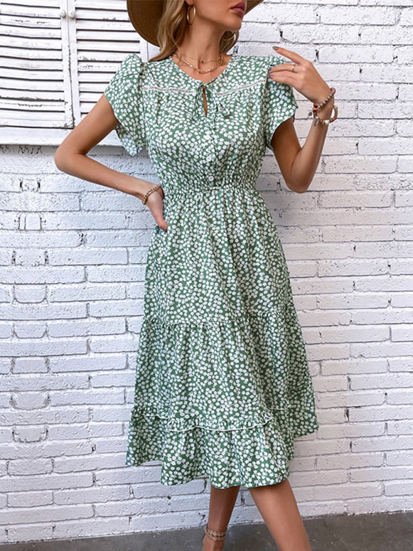 Green Floral Romantic Spring Dress – Lightweight Woven Fit & Flare