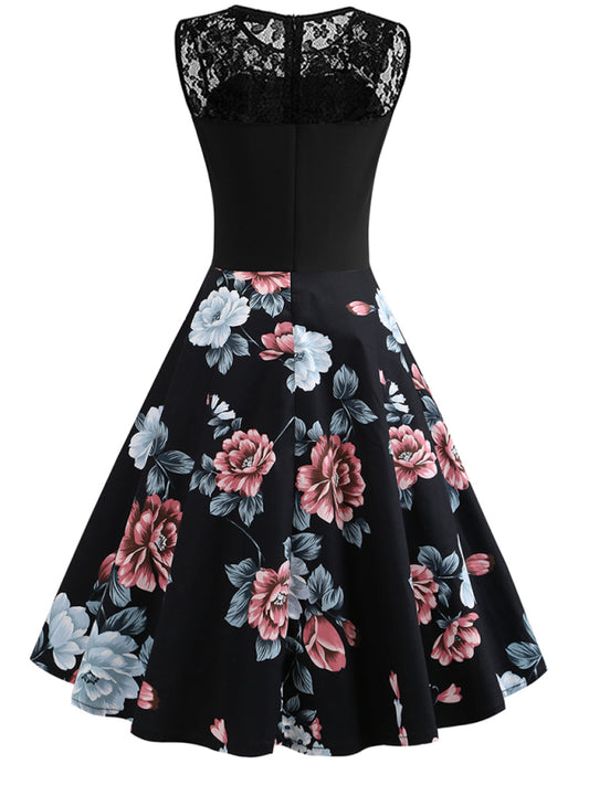 Ärmelloses Vintage-Blumenkleid mit Spitzenstickerei – Baumwolle im Retro-Sommerstil