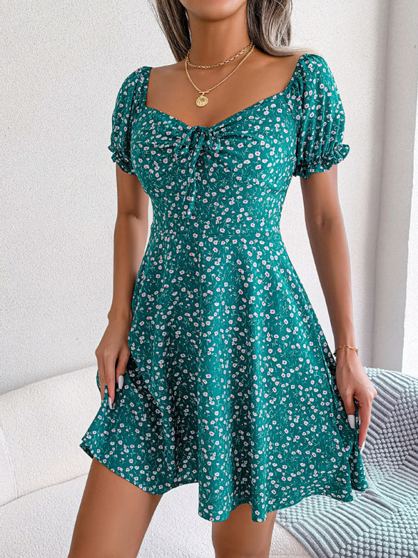 Floral Bell Sleeve Swing Dress – Drawstring Waist, Lightweight Woven Fabric