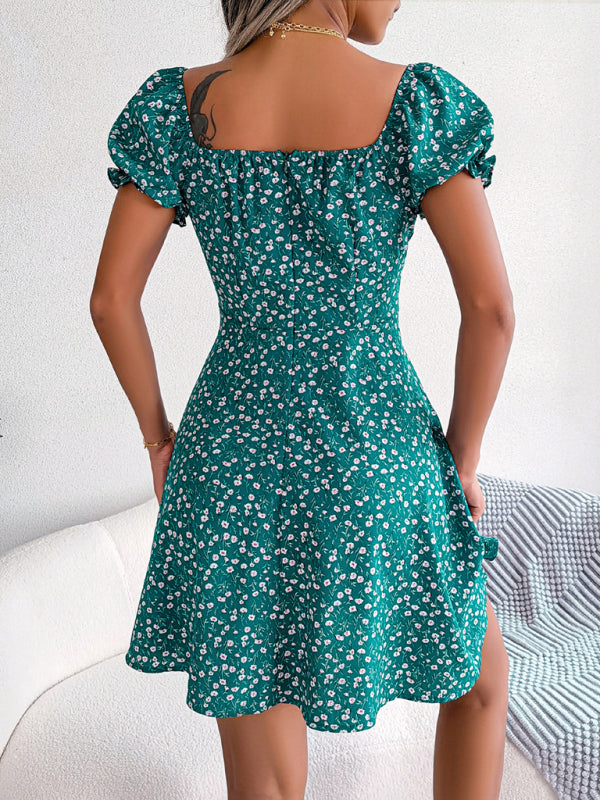 Floral Bell Sleeve Swing Dress – Drawstring Waist, Lightweight Woven Fabric