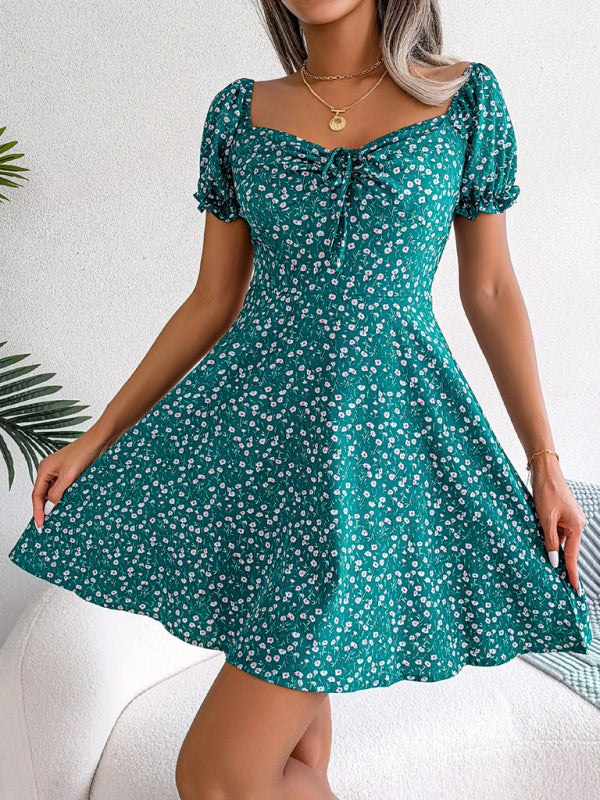 Floral Bell Sleeve Swing Dress – Drawstring Waist, Lightweight Woven Fabric