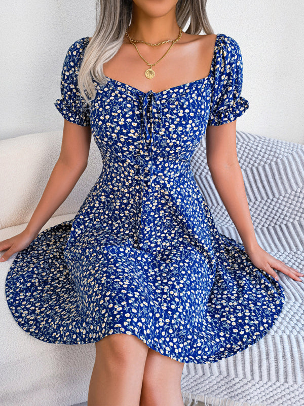 Floral Bell Sleeve Swing Dress – Drawstring Waist, Lightweight Woven Fabric