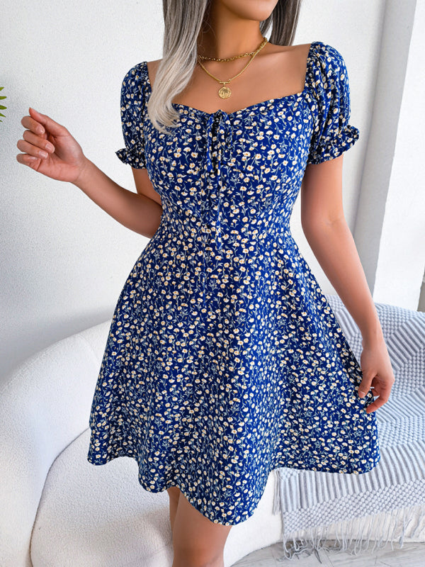 Floral Bell Sleeve Swing Dress – Drawstring Waist, Lightweight Woven Fabric