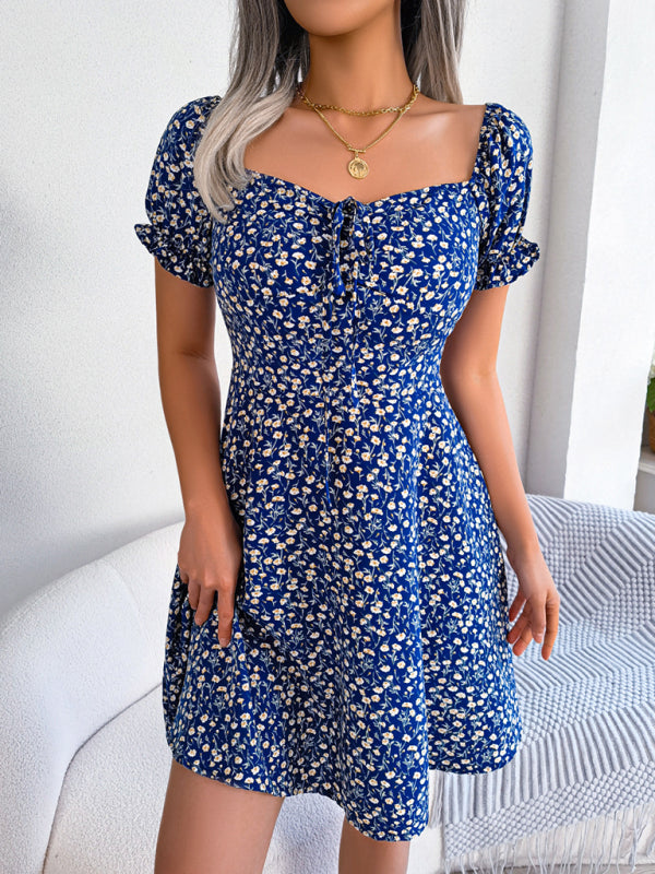 Floral Bell Sleeve Swing Dress – Drawstring Waist, Lightweight Woven Fabric