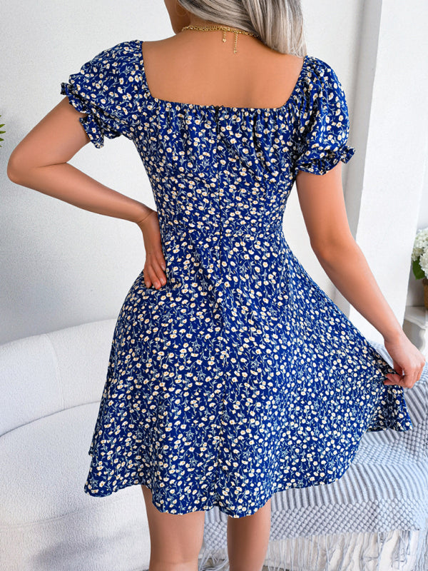 Floral Bell Sleeve Swing Dress – Drawstring Waist, Lightweight Woven Fabric