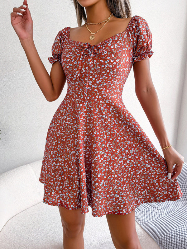 Floral Bell Sleeve Swing Dress – Drawstring Waist, Lightweight Woven Fabric