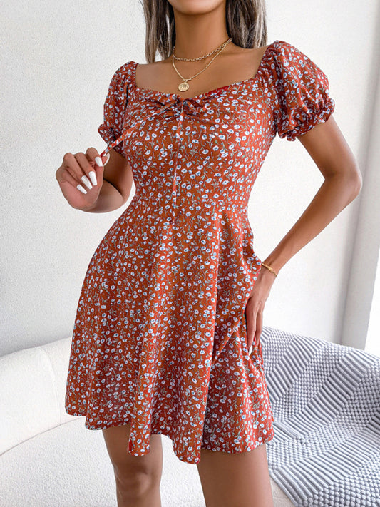 Floral Bell Sleeve Swing Dress – Drawstring Waist, Lightweight Woven Fabric