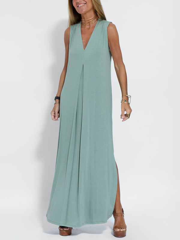 Solid V-Neck Pullover Midi Dress – Casual Knit Style for All Seasons