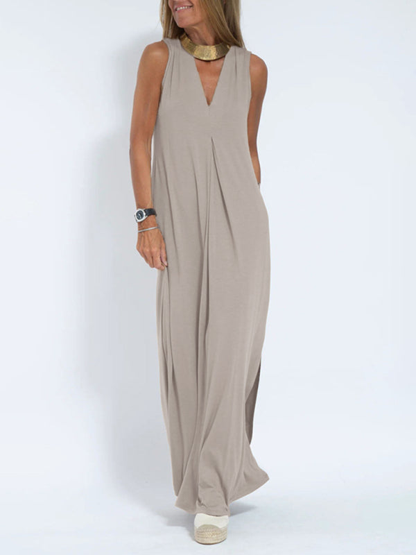 Solid V-Neck Pullover Midi Dress – Casual Knit Style for All Seasons
