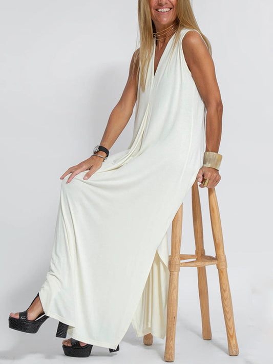 Solid V-Neck Pullover Midi Dress – Casual Knit Style for All Seasons