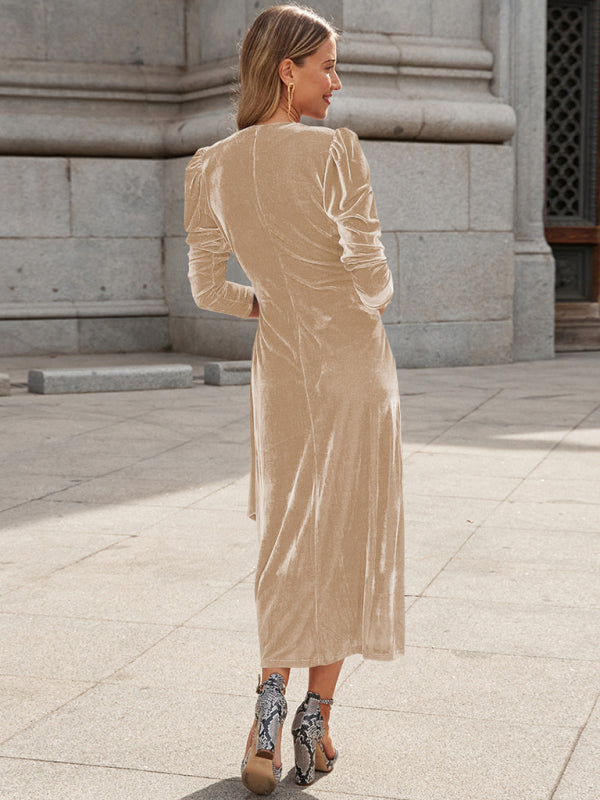 Elegant Long Sleeve Velvet Evening Dress - Dropped Shoulder Spring Formal Gown