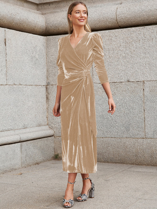 Elegant Long Sleeve Velvet Evening Dress - Dropped Shoulder Spring Formal Gown