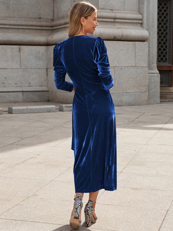 Elegant Long Sleeve Velvet Evening Dress - Dropped Shoulder Spring Formal Gown