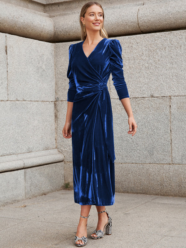 Elegant Long Sleeve Velvet Evening Dress - Dropped Shoulder Spring Formal Gown