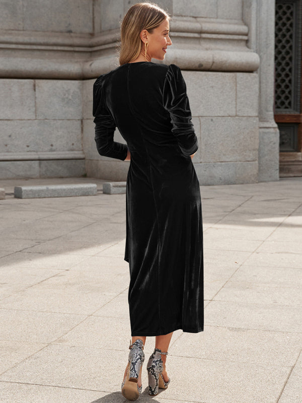 Elegant Long Sleeve Velvet Evening Dress - Dropped Shoulder Spring Formal Gown