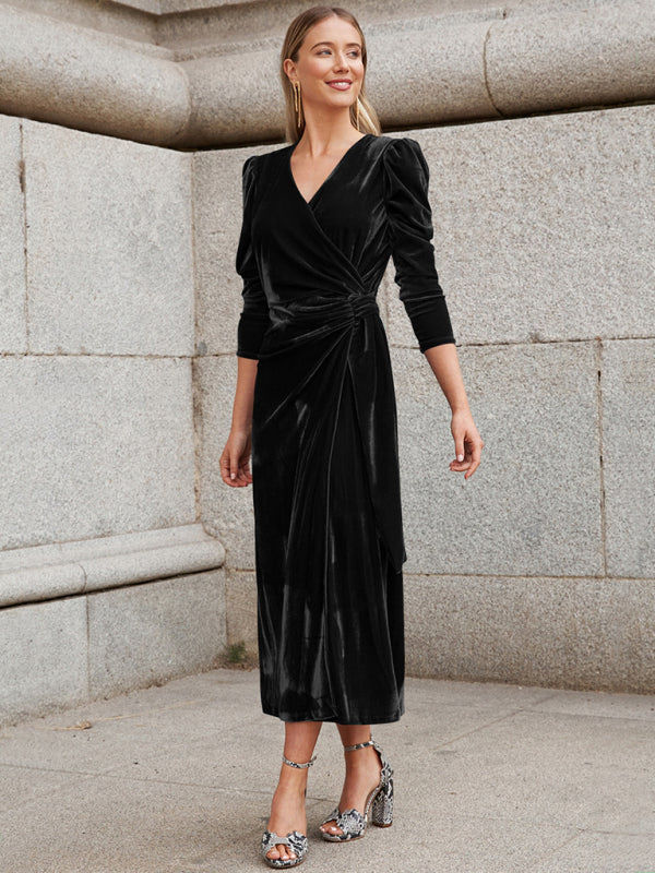 Elegant Long Sleeve Velvet Evening Dress - Dropped Shoulder Spring Formal Gown