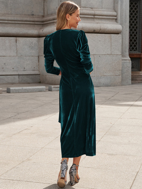 Elegant Long Sleeve Velvet Evening Dress - Dropped Shoulder Spring Formal Gown