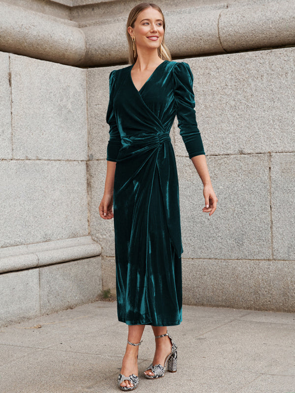 Elegant Long Sleeve Velvet Evening Dress - Dropped Shoulder Spring Formal Gown