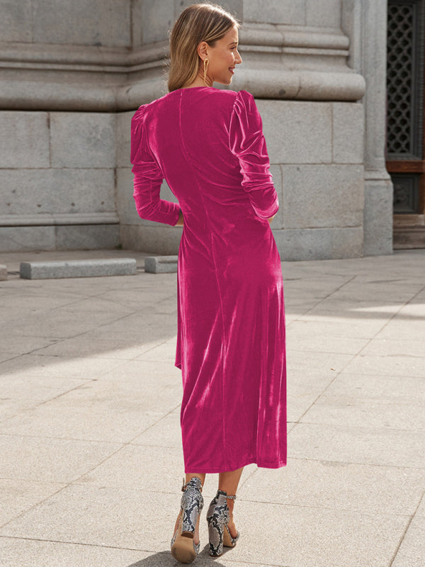 Elegant Long Sleeve Velvet Evening Dress - Dropped Shoulder Spring Formal Gown