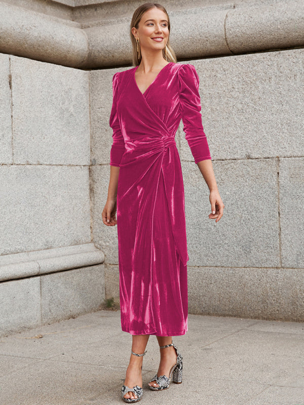 Elegant Long Sleeve Velvet Evening Dress - Dropped Shoulder Spring Formal Gown