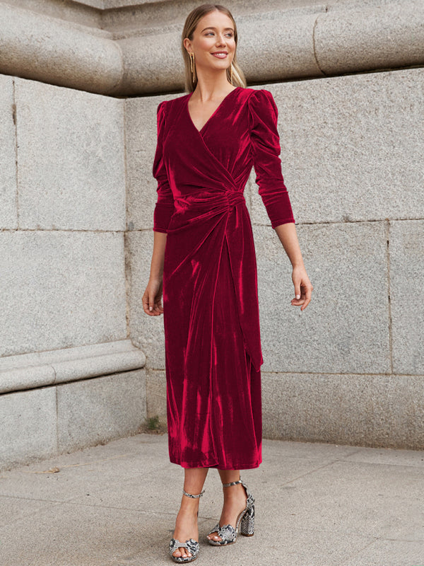 Elegant Long Sleeve Velvet Evening Dress - Dropped Shoulder Spring Formal Gown