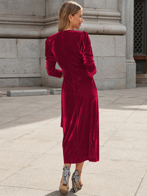 Elegant Long Sleeve Velvet Evening Dress - Dropped Shoulder Spring Formal Gown