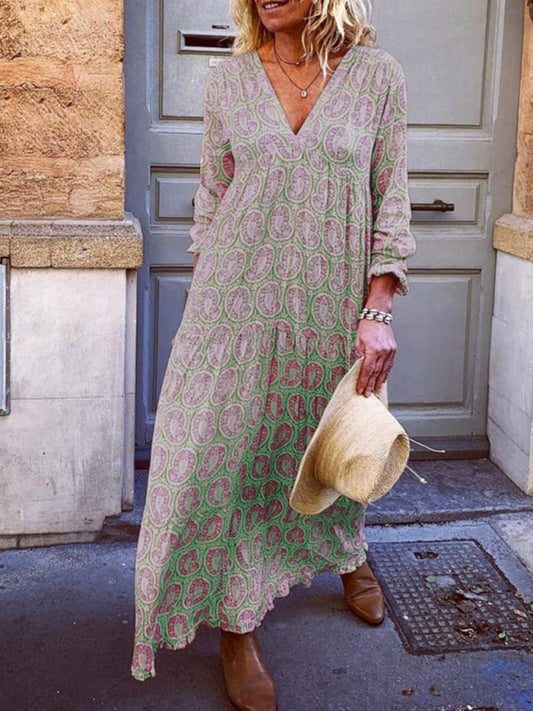 Bohemian V-Neck Printed Maxi Dress – Long Sleeve, Spring-Summer Style