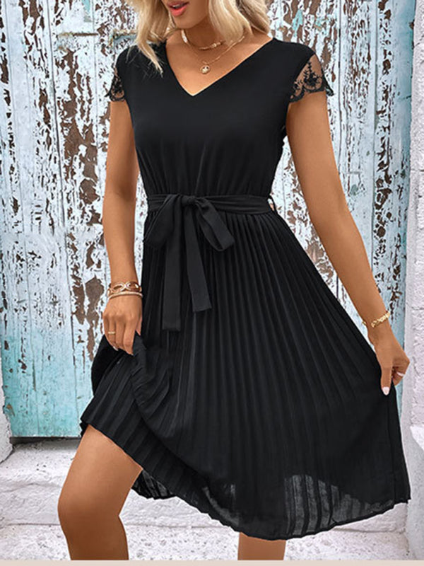 Lace Stitching Pleated Dress – Elegant Solid Color Spring-Summer Style