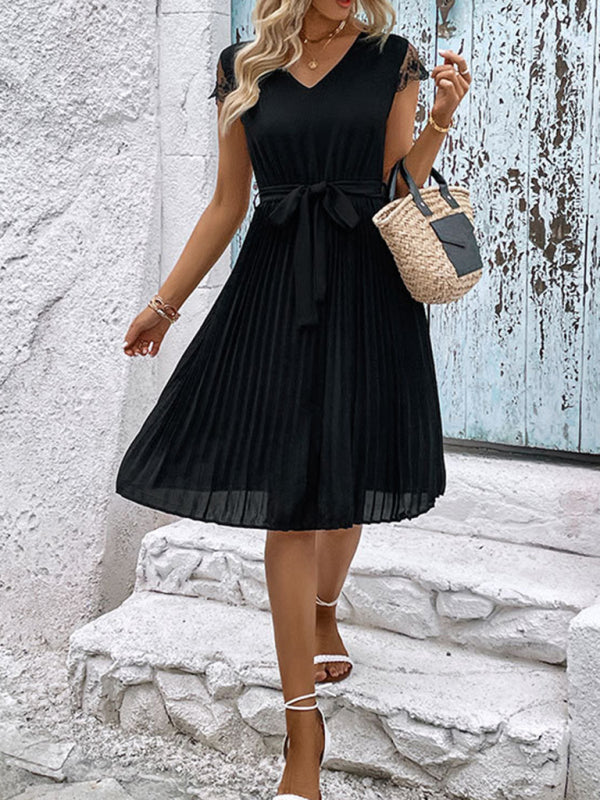 Lace Stitching Pleated Dress – Elegant Solid Color Spring-Summer Style