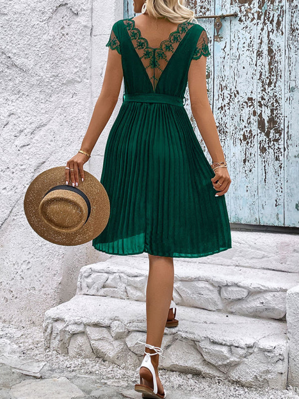 Lace Stitching Pleated Dress – Elegant Solid Color Spring-Summer Style