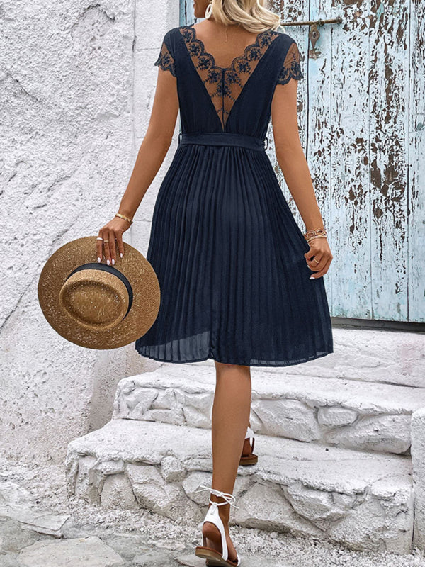 Lace Stitching Pleated Dress – Elegant Solid Color Spring-Summer Style