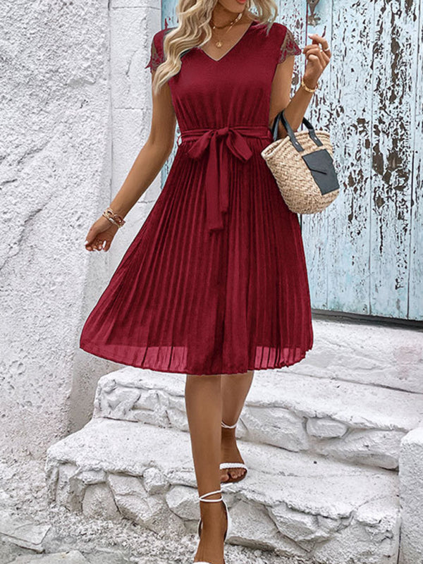 Lace Stitching Pleated Dress – Elegant Solid Color Spring-Summer Style