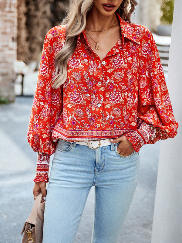 Women's Printed Long Sleeve Casual Vacation Top Red